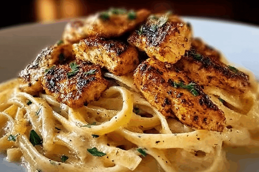 Cajun Chicken Bites over Cheesy Alfredo Linguine