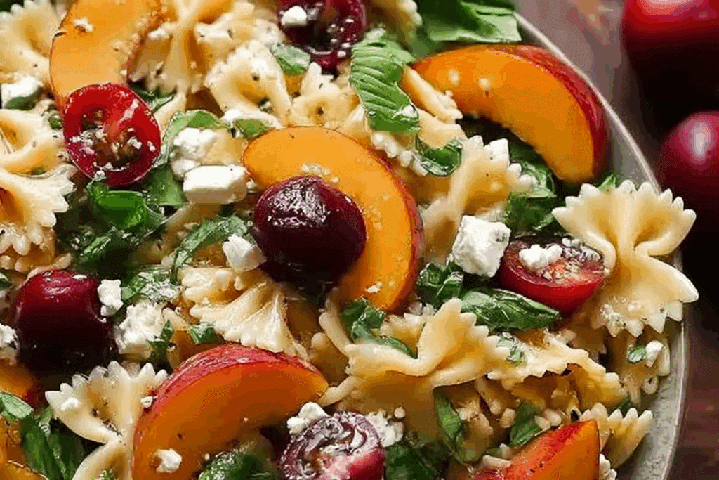 Cherry & Peach Pasta Salad with Feta