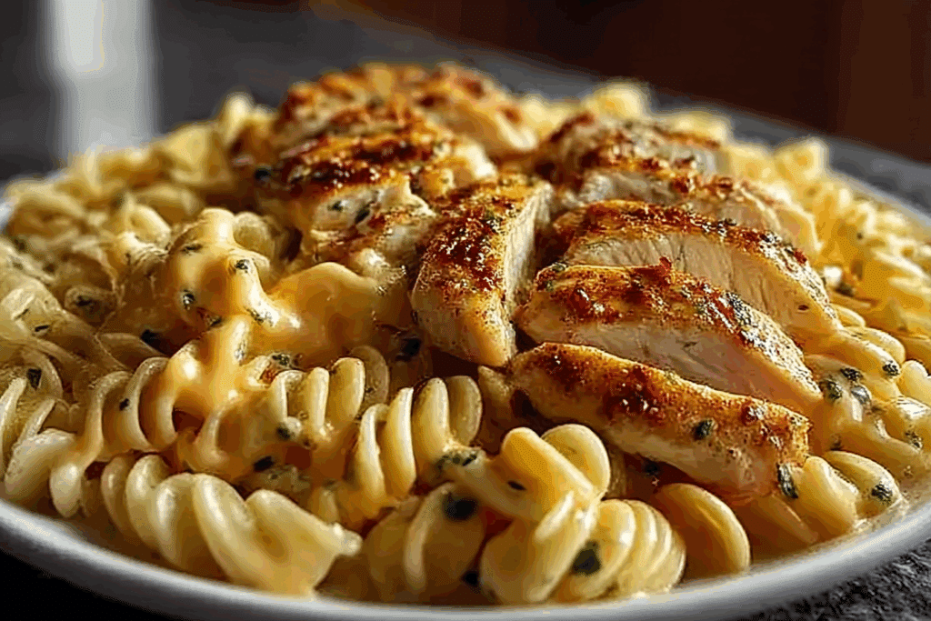 Garlic Chicken Twisted Pasta in Spicy Velveeta Cheese
