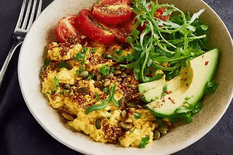 Savory Scramble Bowl with Avocado, Tomato & Seeds