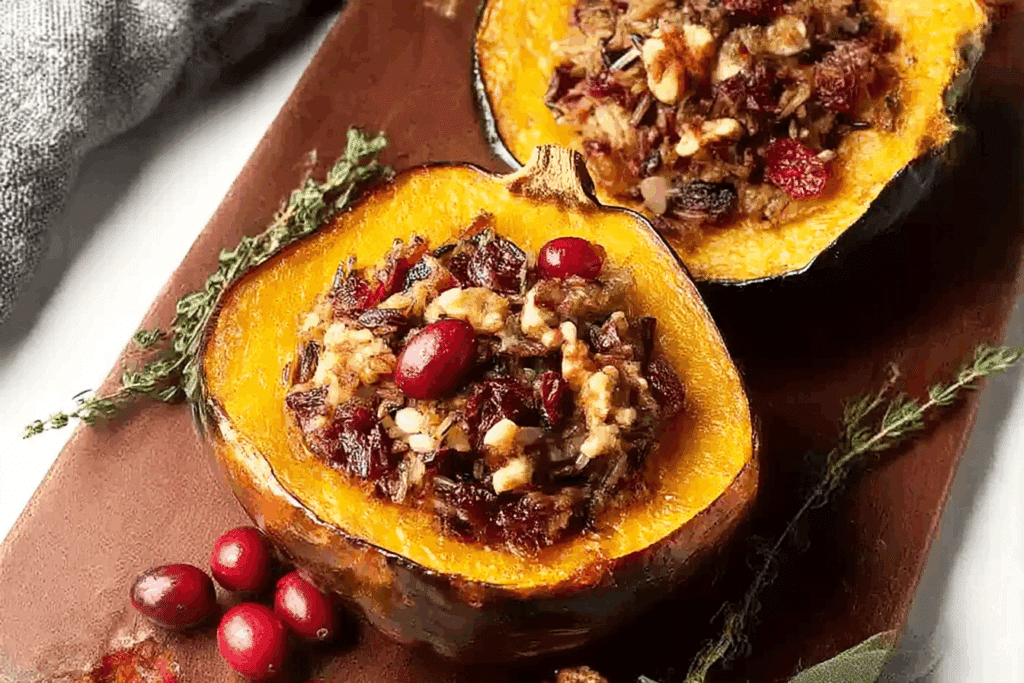Stuffed Acorn Squash with Wild Rice, Cranberries & Feta