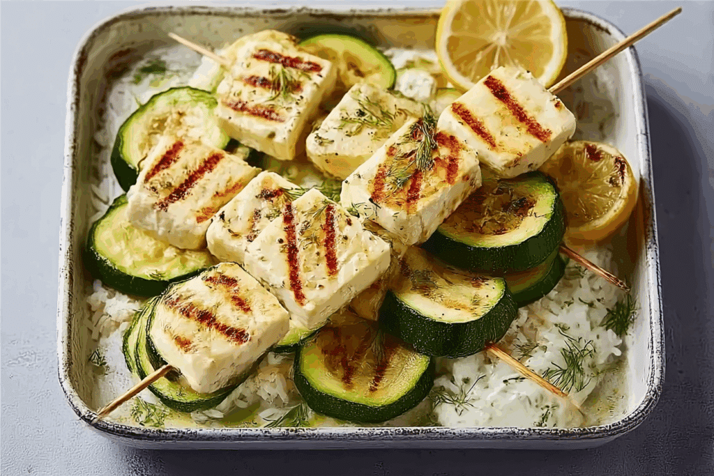 Grilled Halloumi Plate with Zucchini, Rice & Fresh Tzatziki