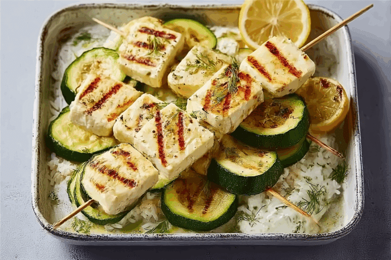 Grilled Halloumi Plate with Zucchini, Rice & Fresh Tzatziki