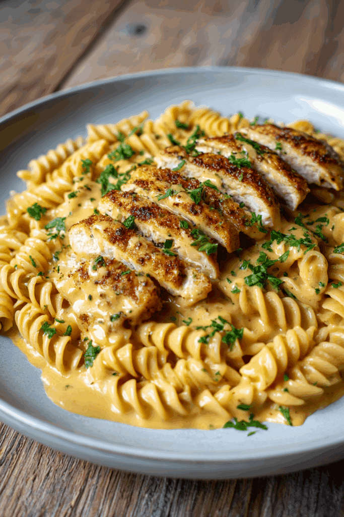 Garlic Chicken Twisted Pasta in Spicy Velveeta Cheese