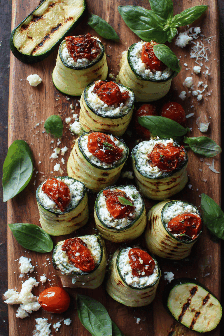 Grilled Zucchini Rollups with Lemon-Basil Ricotta & Slow Roasted Tomatoes