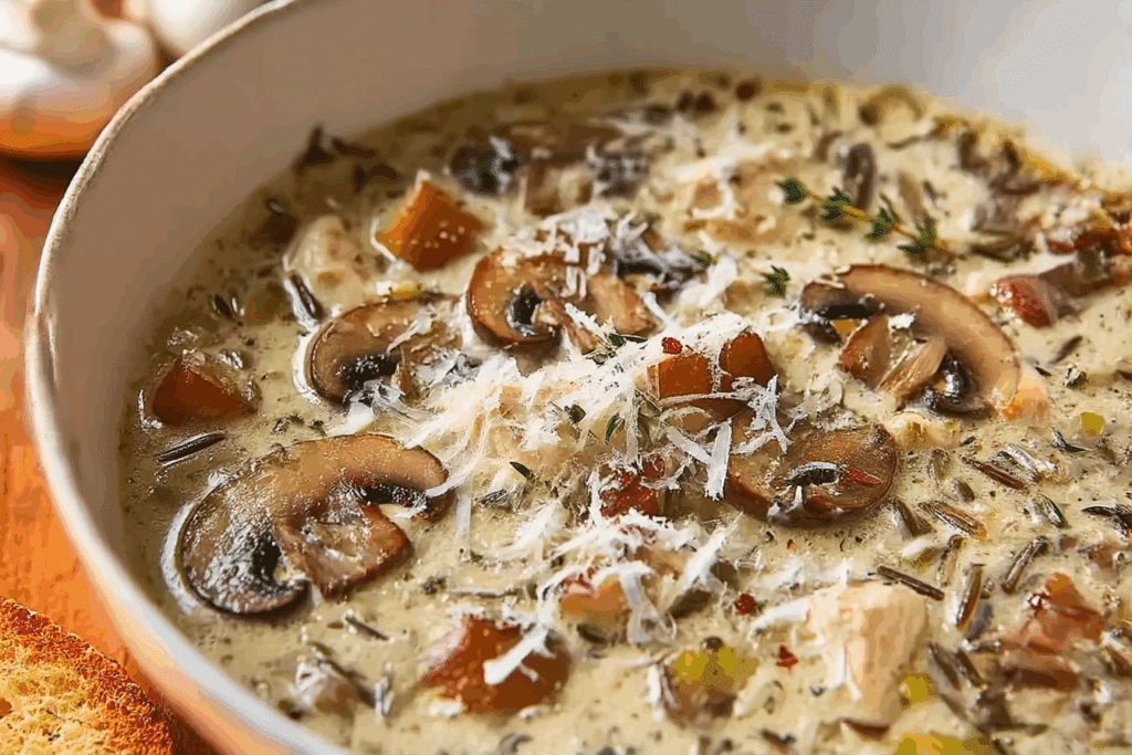 Garlic Parmesan Creamy Mushroom Chicken & Wild Rice Soup
