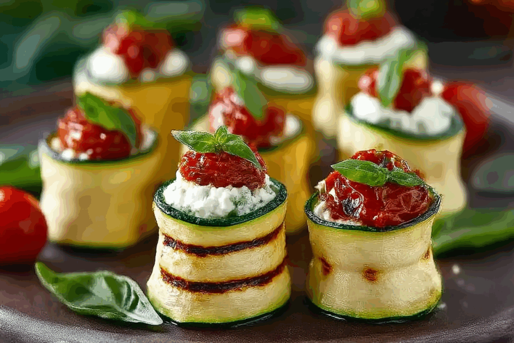 Grilled Zucchini Rollups with Lemon-Basil Ricotta & Slow Roasted Tomatoes