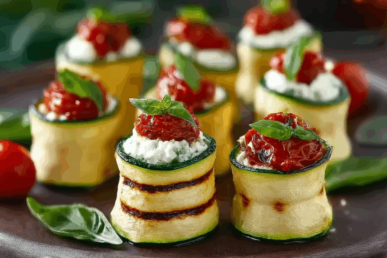 Grilled Zucchini Rollups with Lemon-Basil Ricotta & Slow Roasted Tomatoes