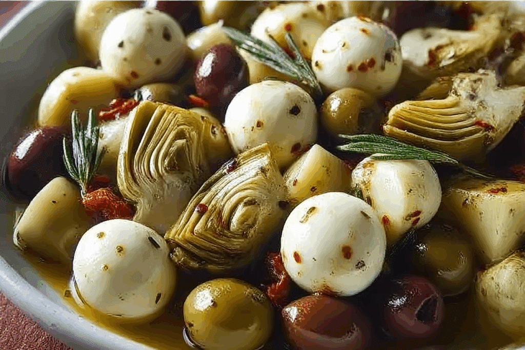 Marinated Mozzarella Balls, Artichokes, and Olives