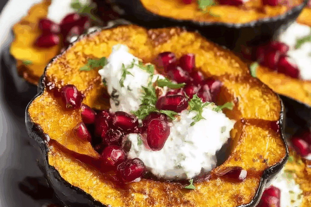 Honey-Glazed Acorn Squash with Creamy Goat Cheese and Cranberry Drizzle