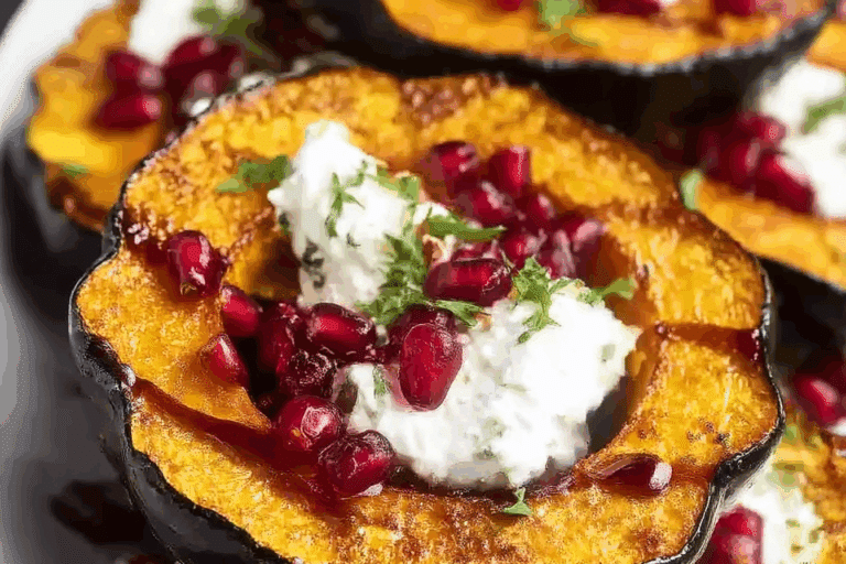Honey-Glazed Acorn Squash with Creamy Goat Cheese and Cranberry Drizzle