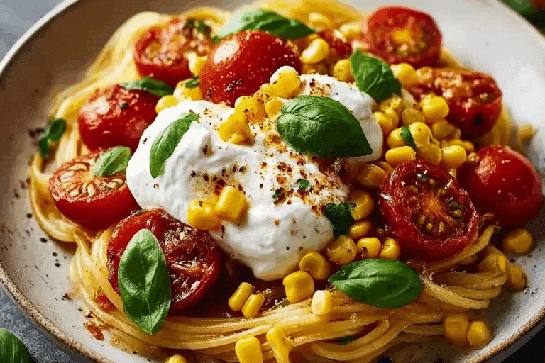 Burrata Pasta with Roasted Tomatoes, Fresh Basil & Sweet Corn