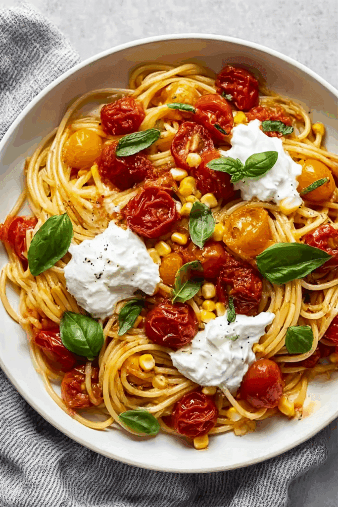 Burrata Pasta with Roasted Tomatoes, Fresh Basil & Sweet Corn
