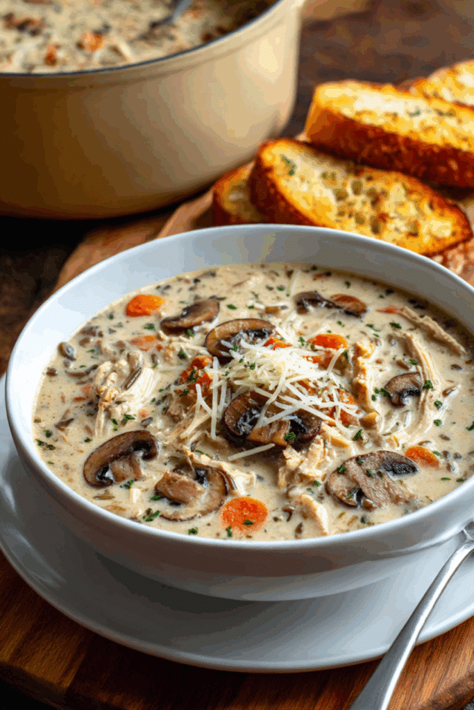 Garlic Parmesan Creamy Mushroom Chicken & Wild Rice Soup