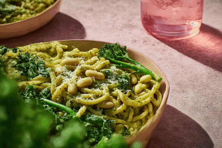 Spinach Pesto Pasta with Broccoli Rabe and Beans