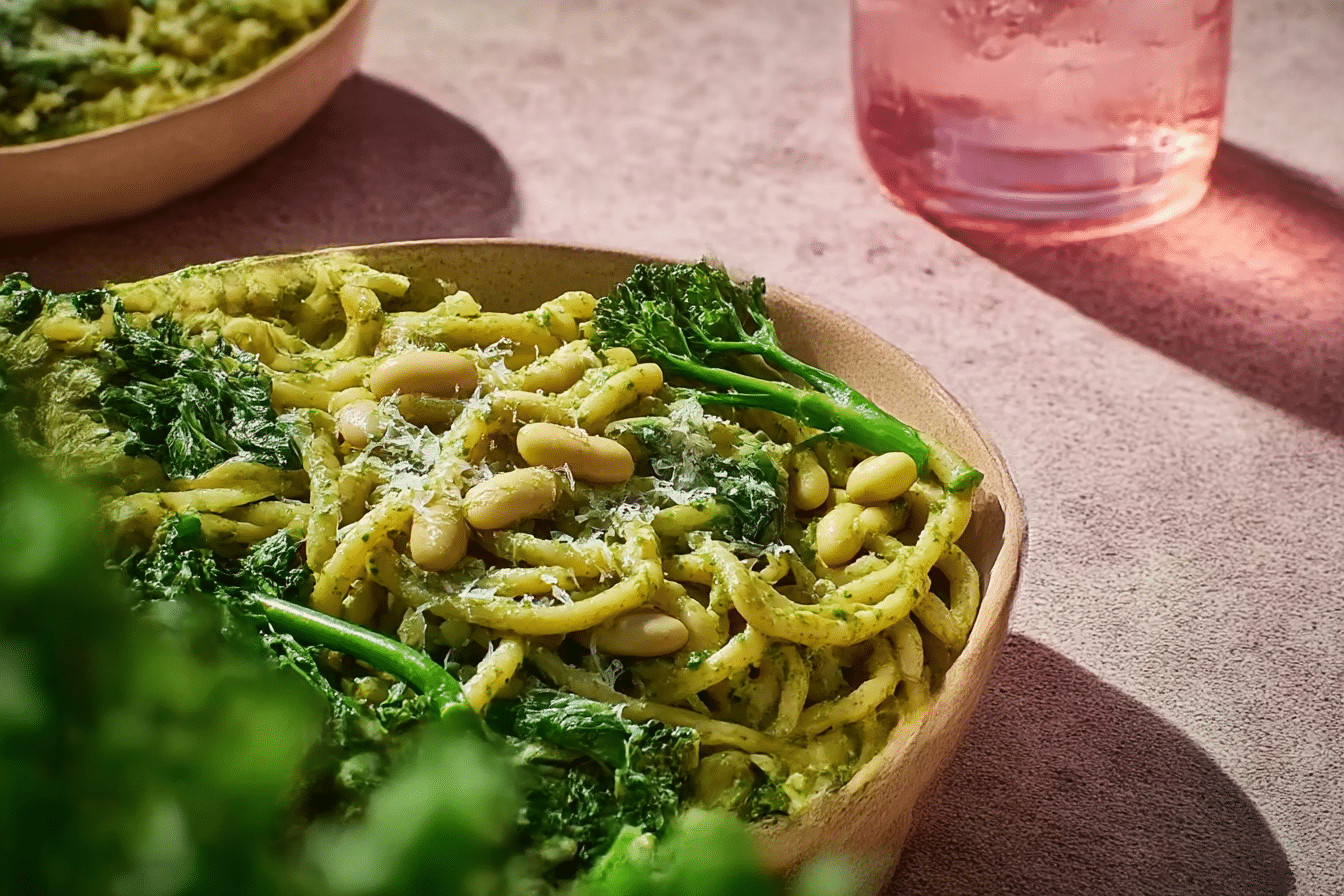 Spinach Pesto Pasta with Broccoli Rabe and Beans