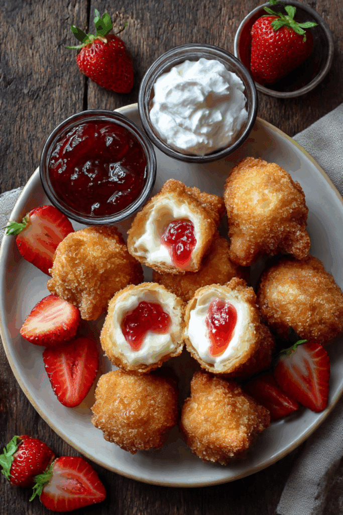 Deep-Fried Strawberry Cheesecake Stuffed Wonton Bites