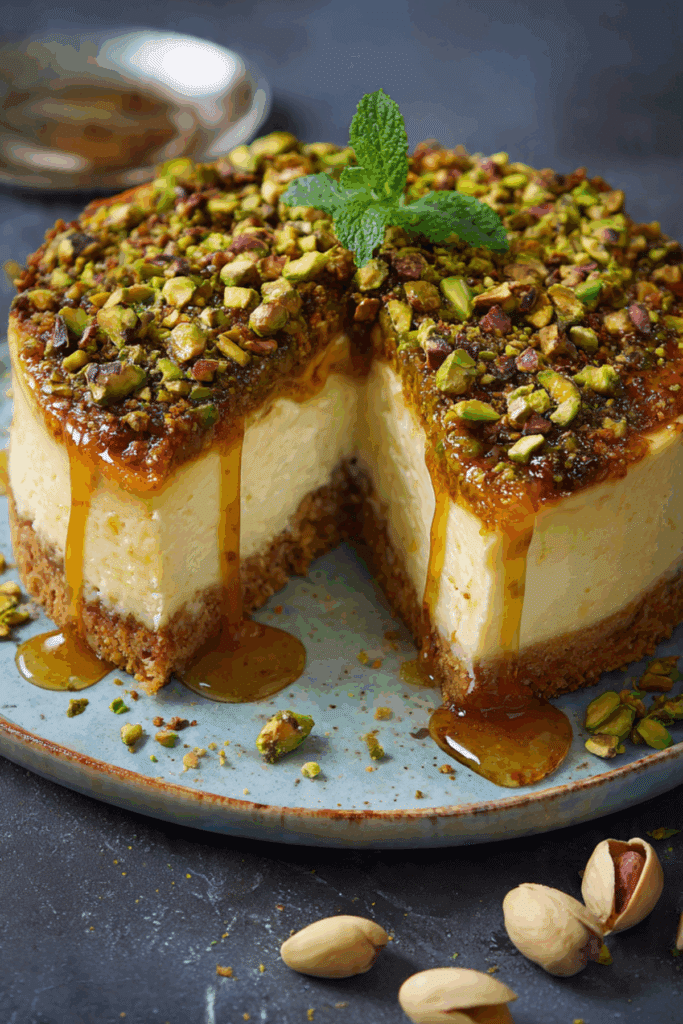 Honey Pistachio Baklava Cheesecake
