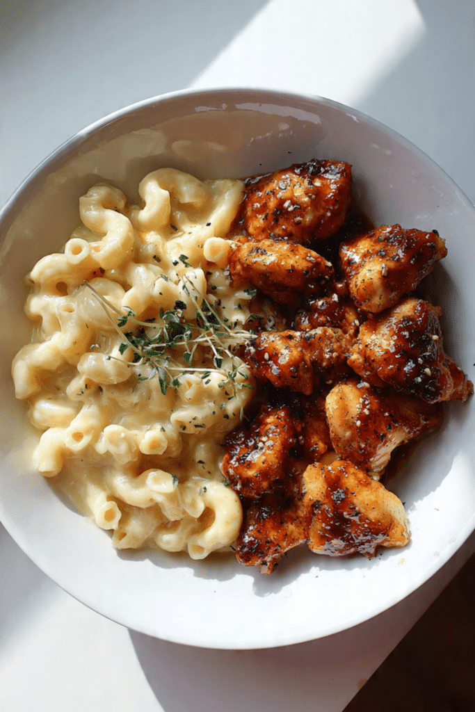 High Protein Honey Garlic Butter Chicken with Mac & Cheese