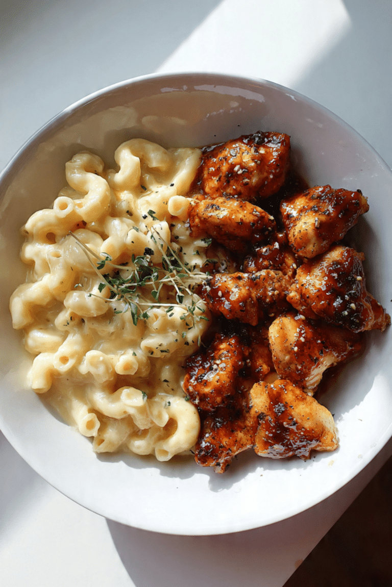 High Protein Honey Garlic Butter Chicken with Mac & Cheese
