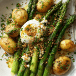 Roasted Asparagus and Potatoes with Sesame Breadcrumbs and Burrata