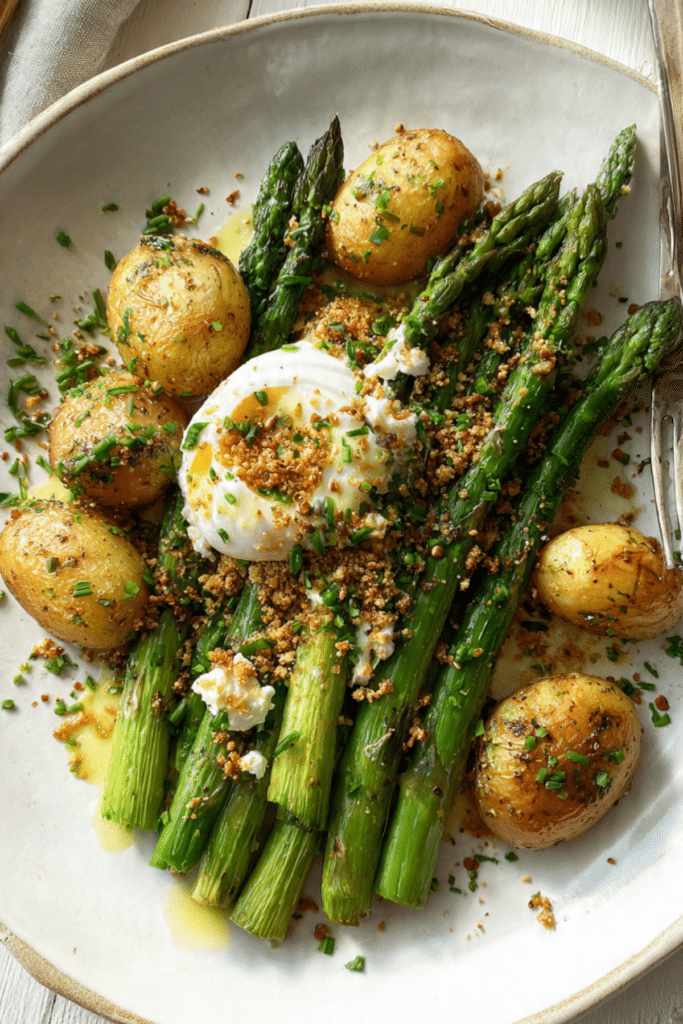 Roasted Asparagus and Potatoes with Sesame Breadcrumbs and Burrata