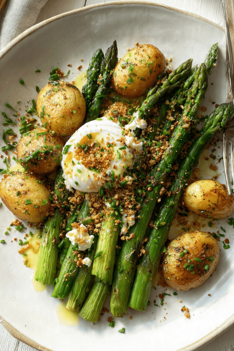 Roasted Asparagus and Potatoes with Sesame Breadcrumbs and Burrata