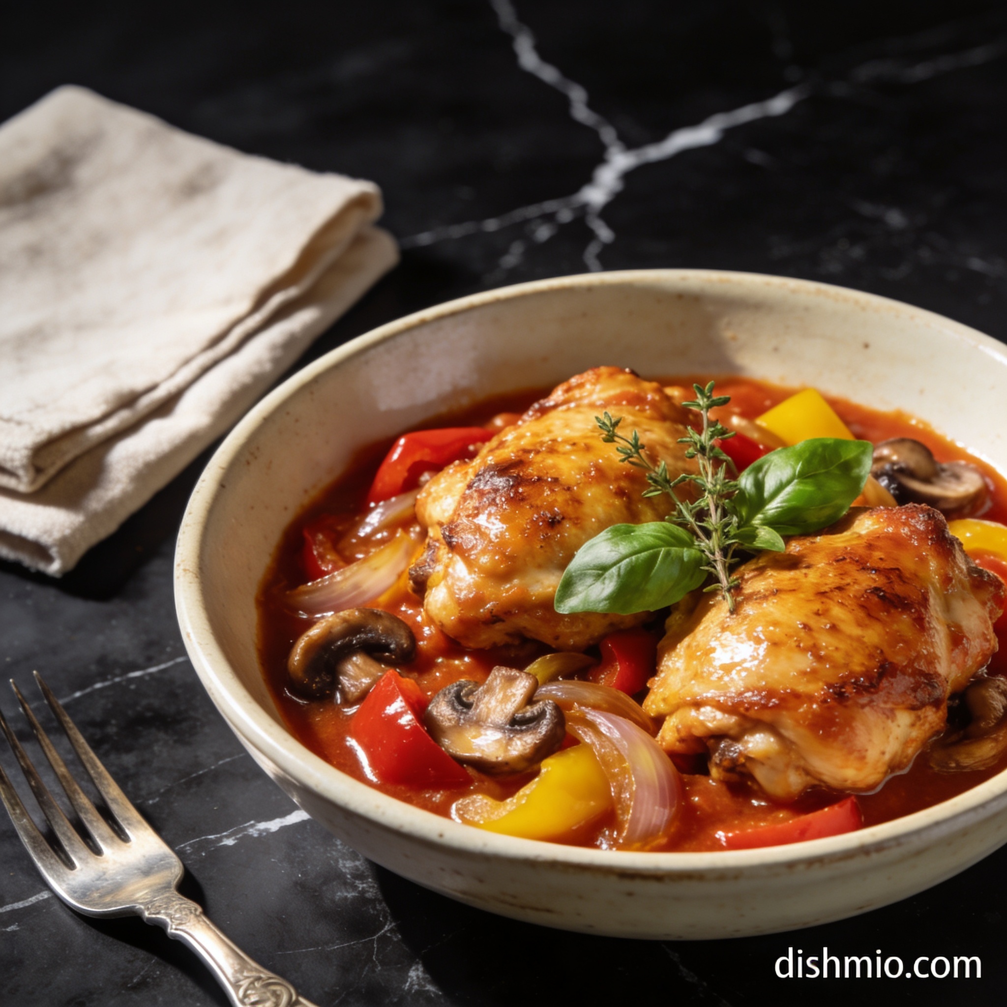 air fryer chicken cacciatore dinner with mushrooms hero shot — beautifully plated general recipe on black marble countertop