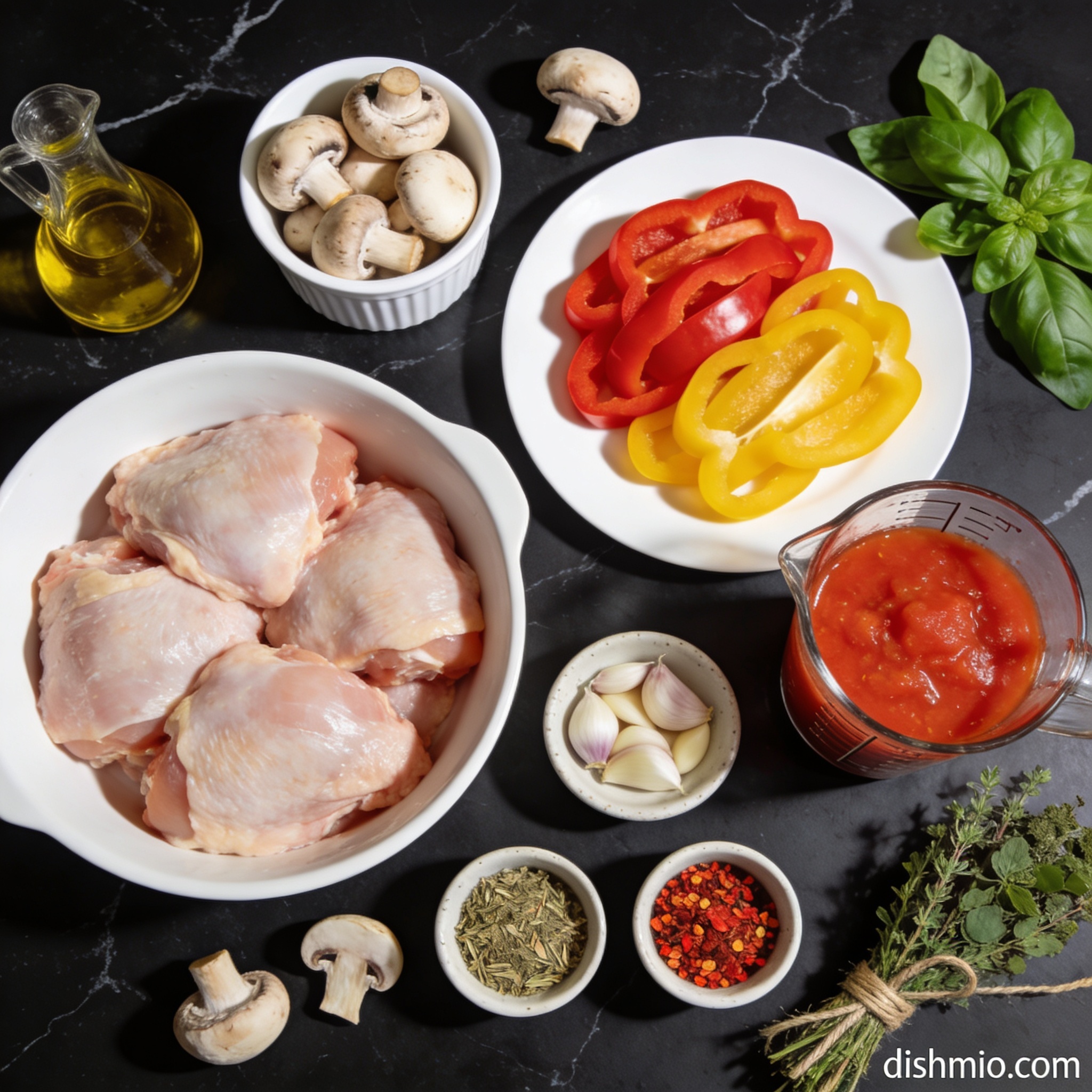 All ingredients for air fryer chicken cacciatore dinner with mushrooms arranged in proper containers on black marble