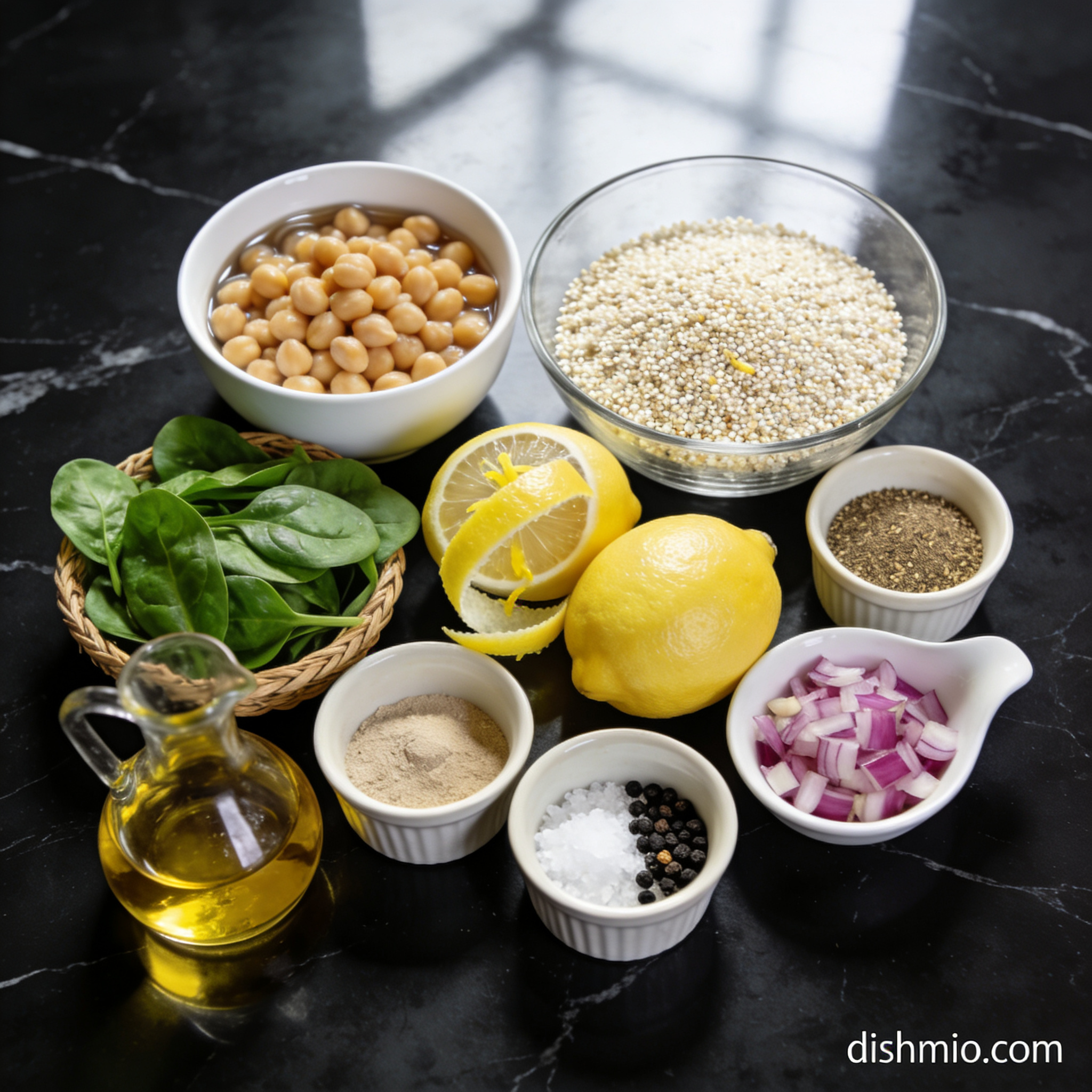 Top-down view of raw ingredients for high protein quinoa and spinach salad with lemon zest arranged in proper containers on black marble