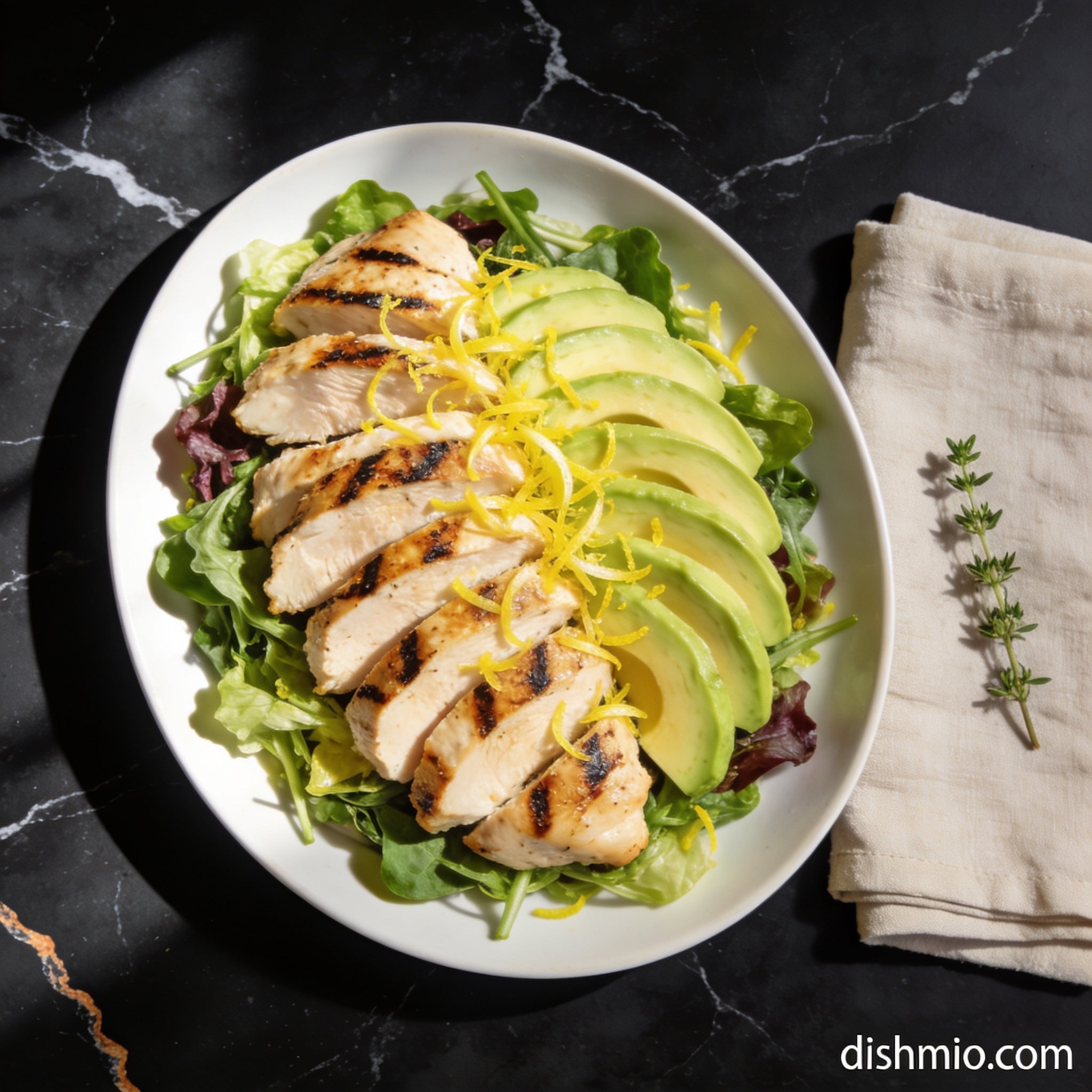 high protein grilled chicken avocado salad with lemon zest hero shot — beautifully plated general recipe on black marble countertop